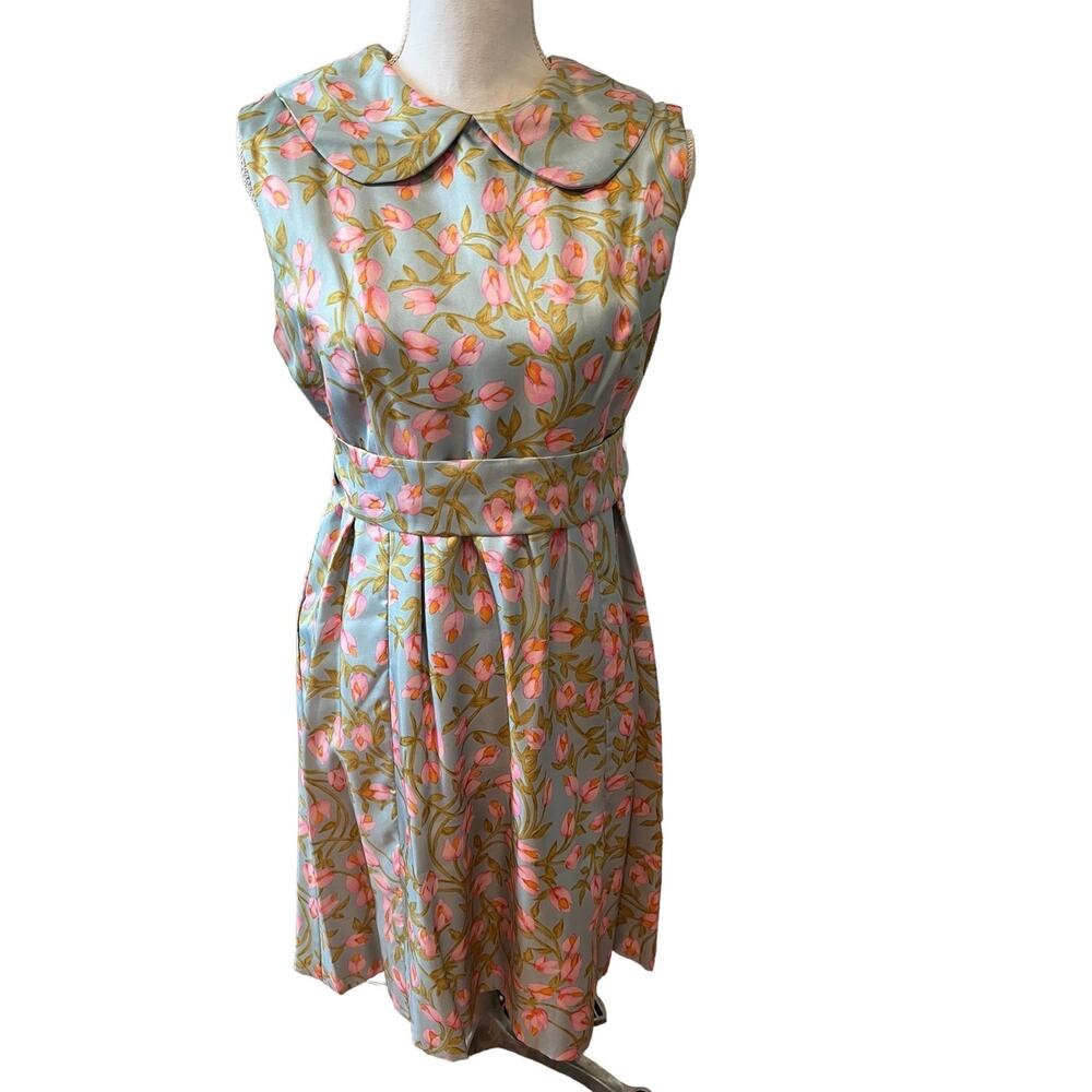 Vintage 60s Silk Peter Pan Collar Belted Dress Floral Tulip Print